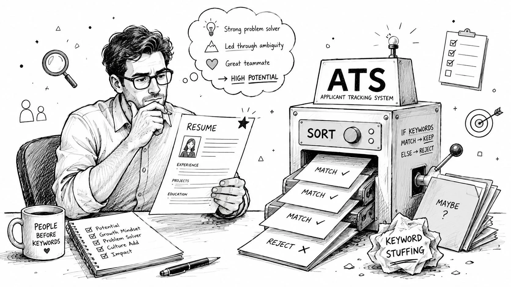 A professional analyzing a resume while an ATS machine sorts documents based on keyword matching criteria.