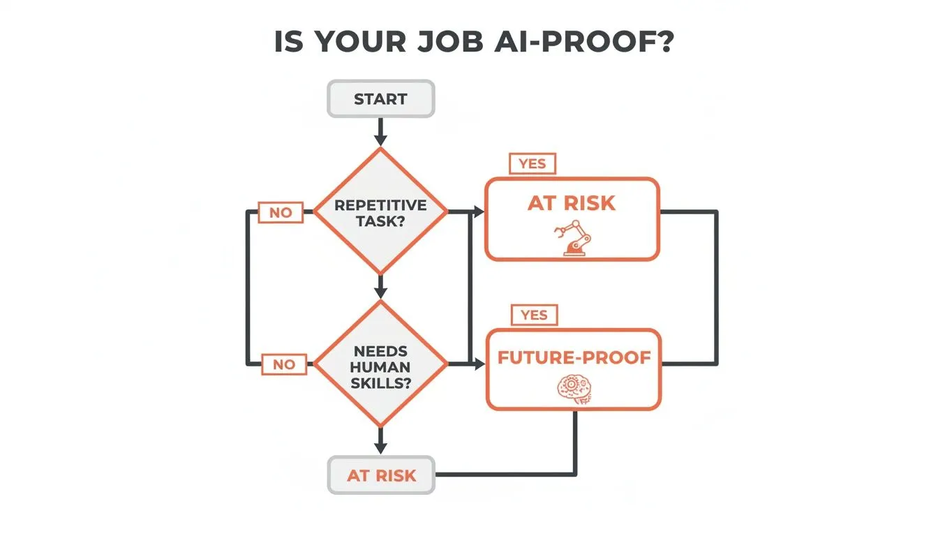 Flowchart determining if a job is AI-proof based on task repetitiveness and need for human skills.