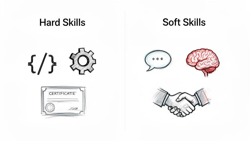 Visual comparison of hard skills (coding, technical, certifications) and soft skills (communication, critical thinking, collaboration).