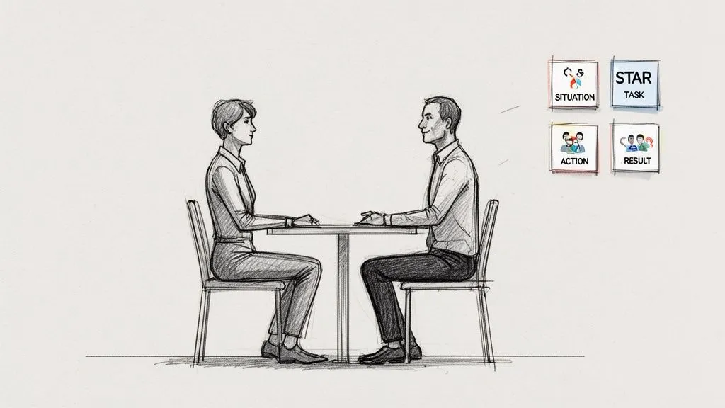 A sketch of two people at a table, with a STAR method diagram for interviews.