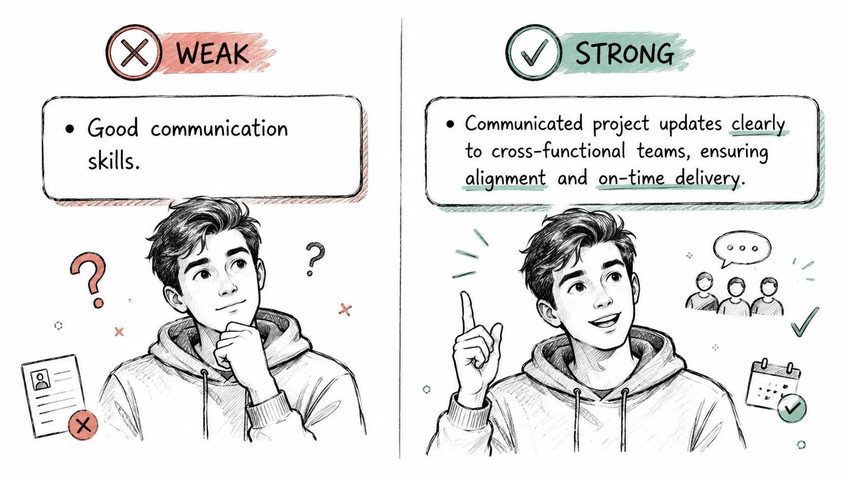 An illustration comparing weak and strong bullet point examples for resume writing and professional skill descriptions.