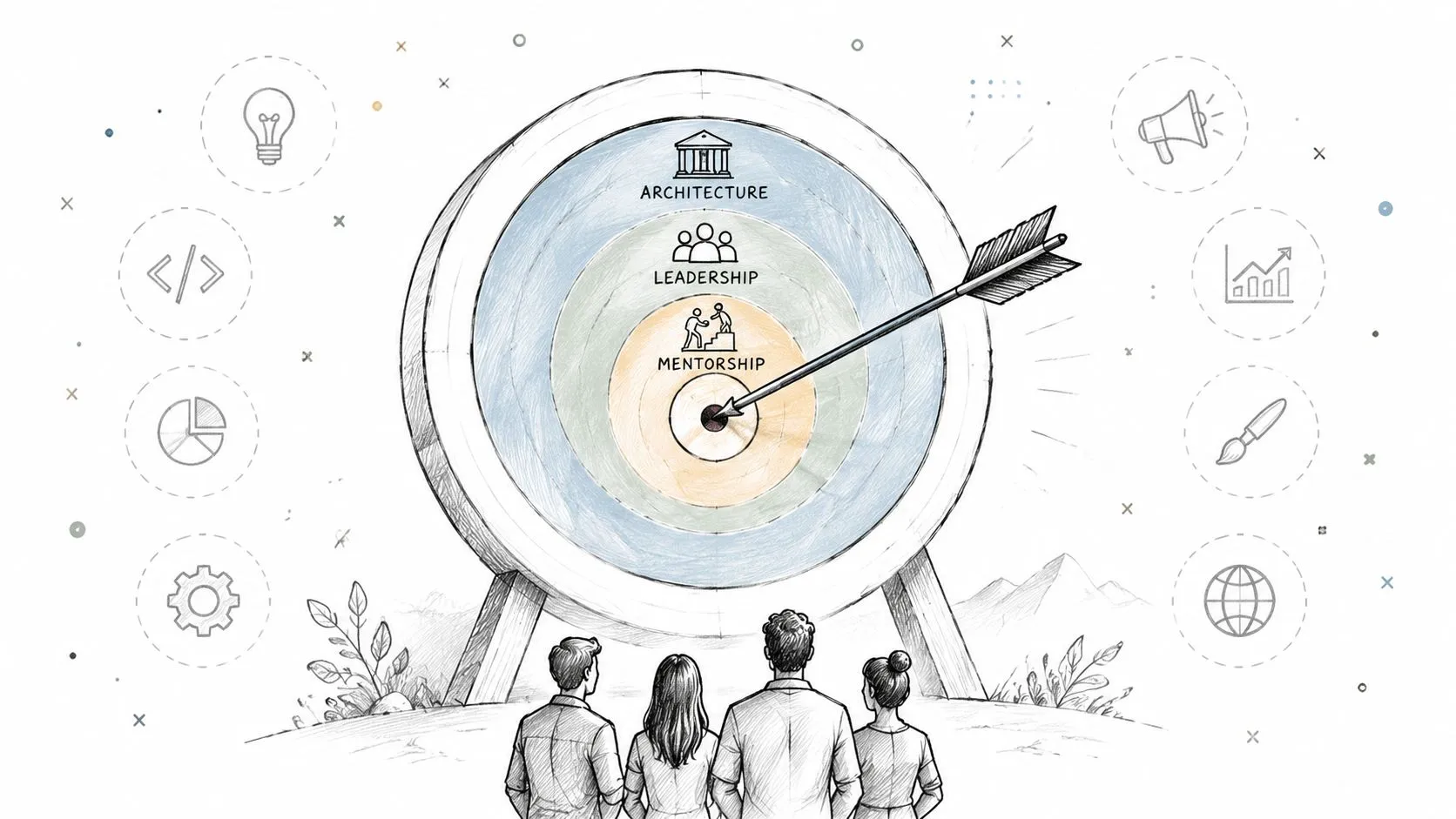 A team of professionals looking at a target representing architecture, leadership, and mentorship career goals.