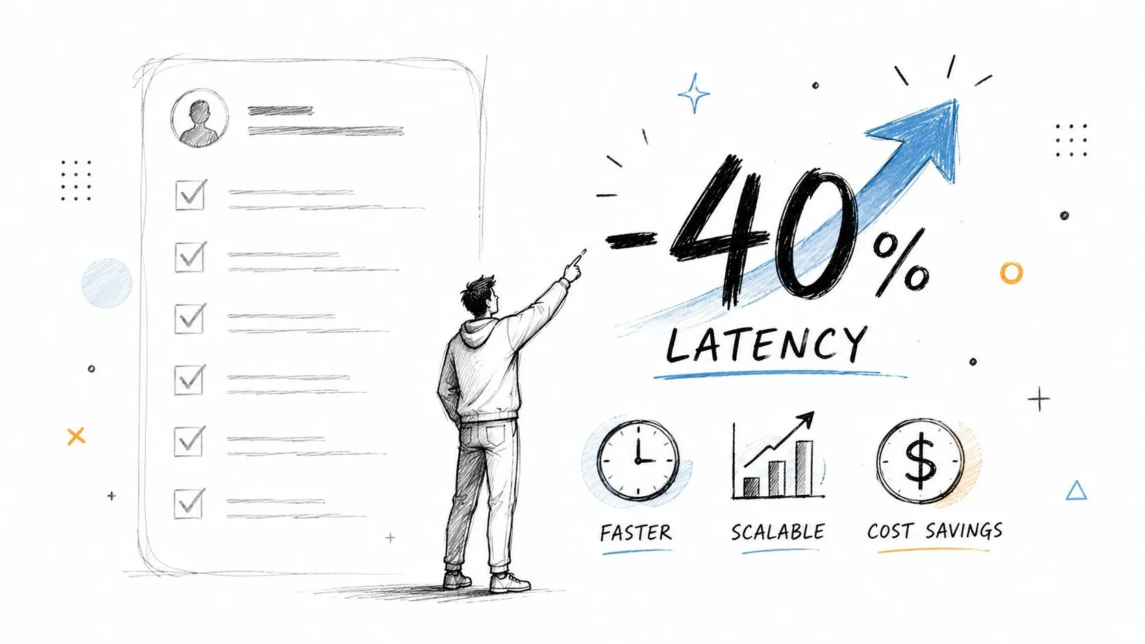 A sketched illustration of a person pointing to a forty percent reduction in latency infographic.