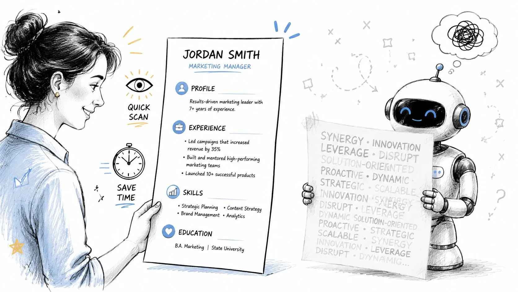 A woman reviewing a clear resume while a confused robot holds a document filled with corporate buzzwords.
