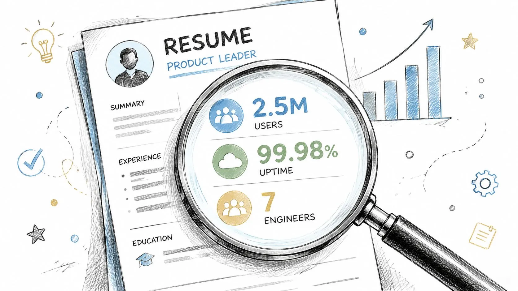 A sketched illustration of a resume with a magnifying glass highlighting key performance metrics like users and uptime.