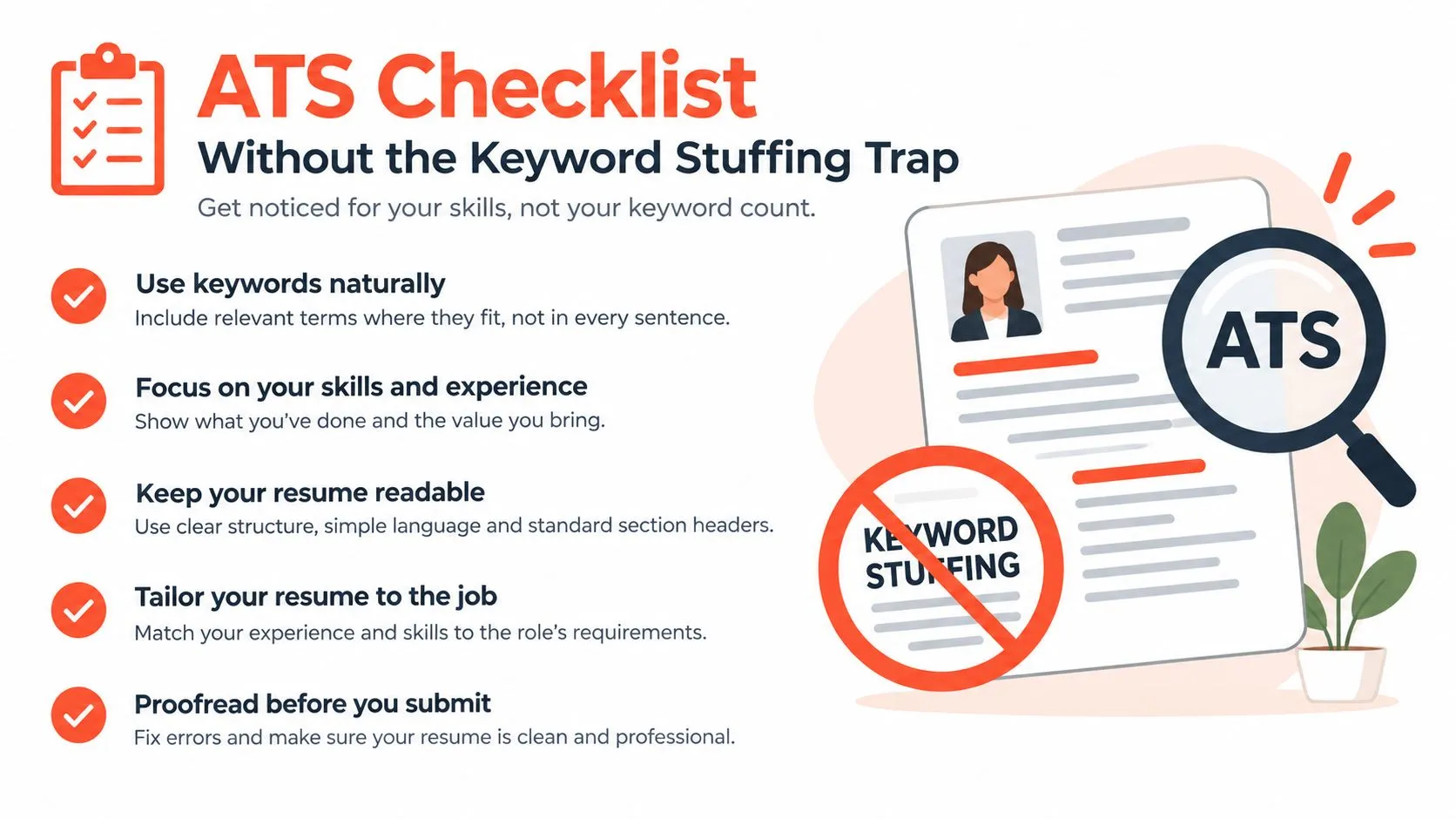 An infographic titled ATS Checklist providing advice on how to write a resume without keyword stuffing.
