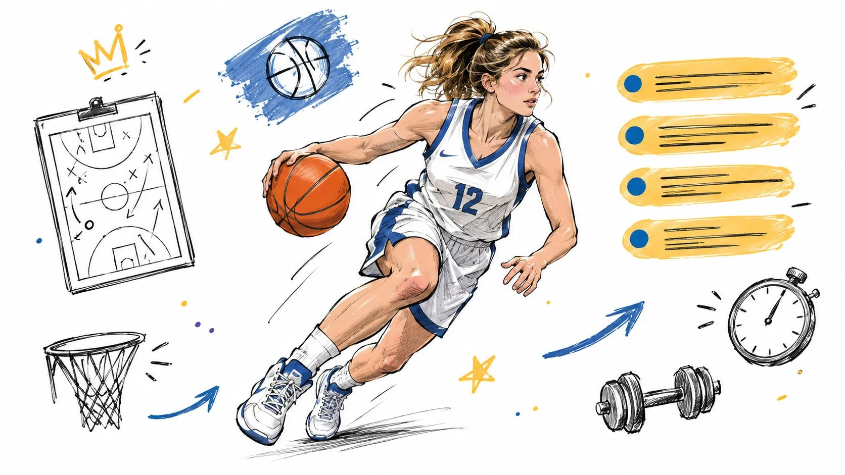 A digital illustration of a female basketball player dribbling, surrounded by sports icons like a clipboard and stopwatch.