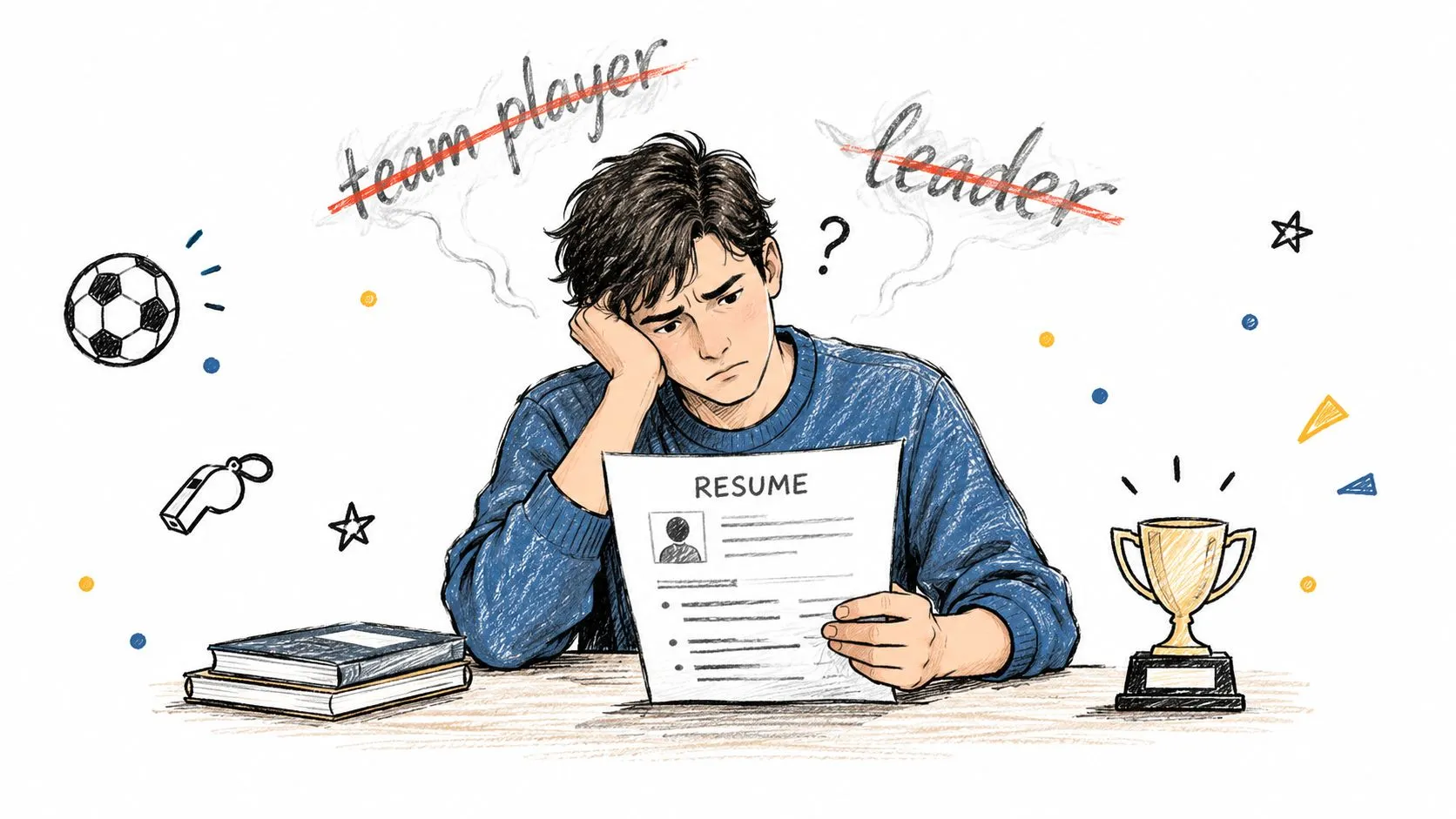 A young man looking stressed at a resume, questioning his identity as a team player or leader.