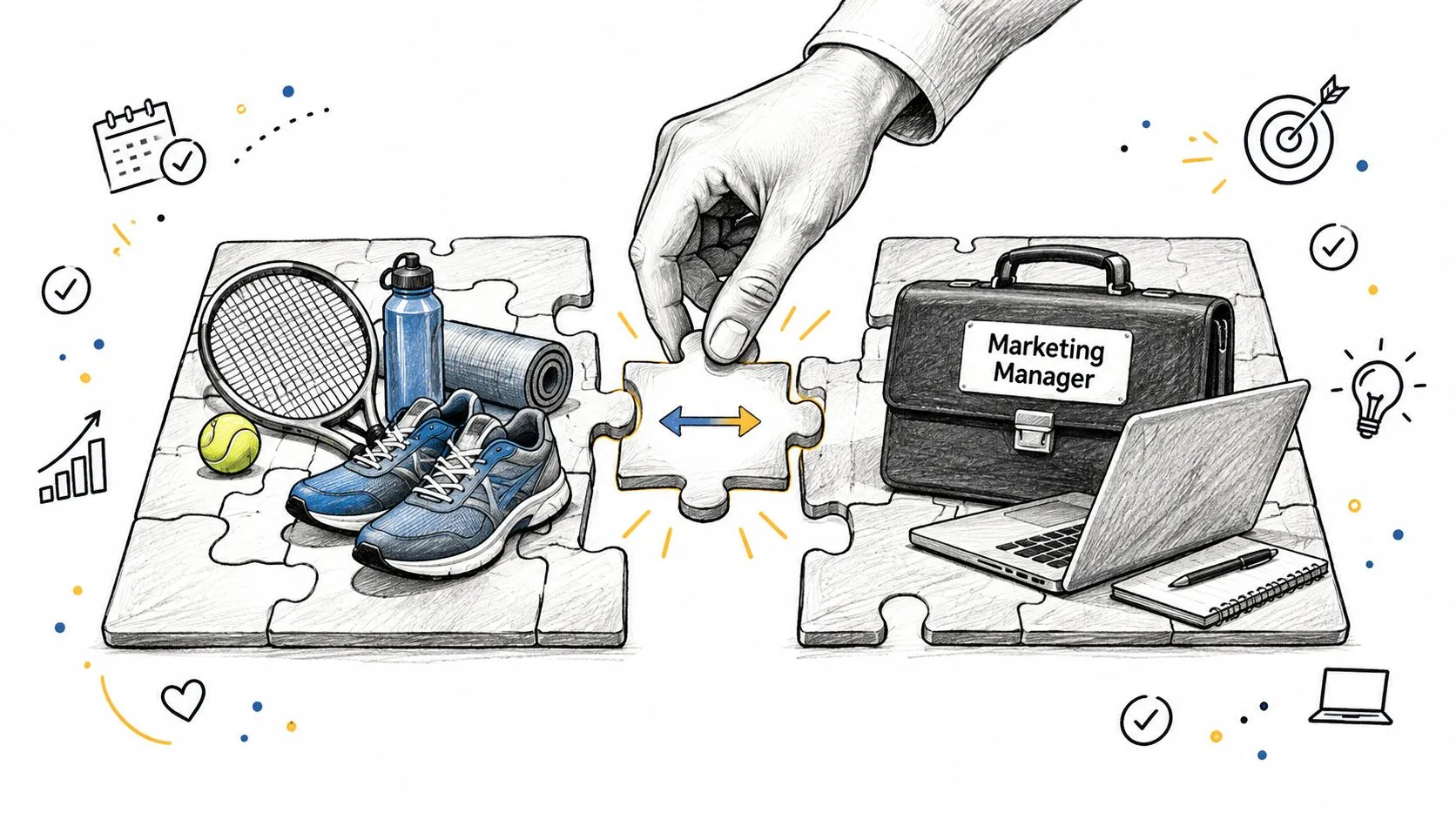 A hand placing a puzzle piece to connect sports equipment with a professional marketing manager business briefcase.