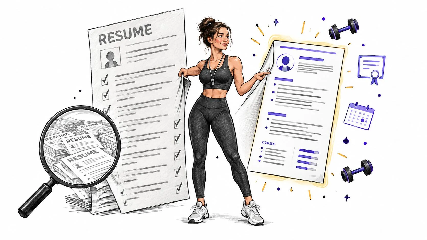A fitness trainer holds up a polished resume, standing next to a large stack of job applications.