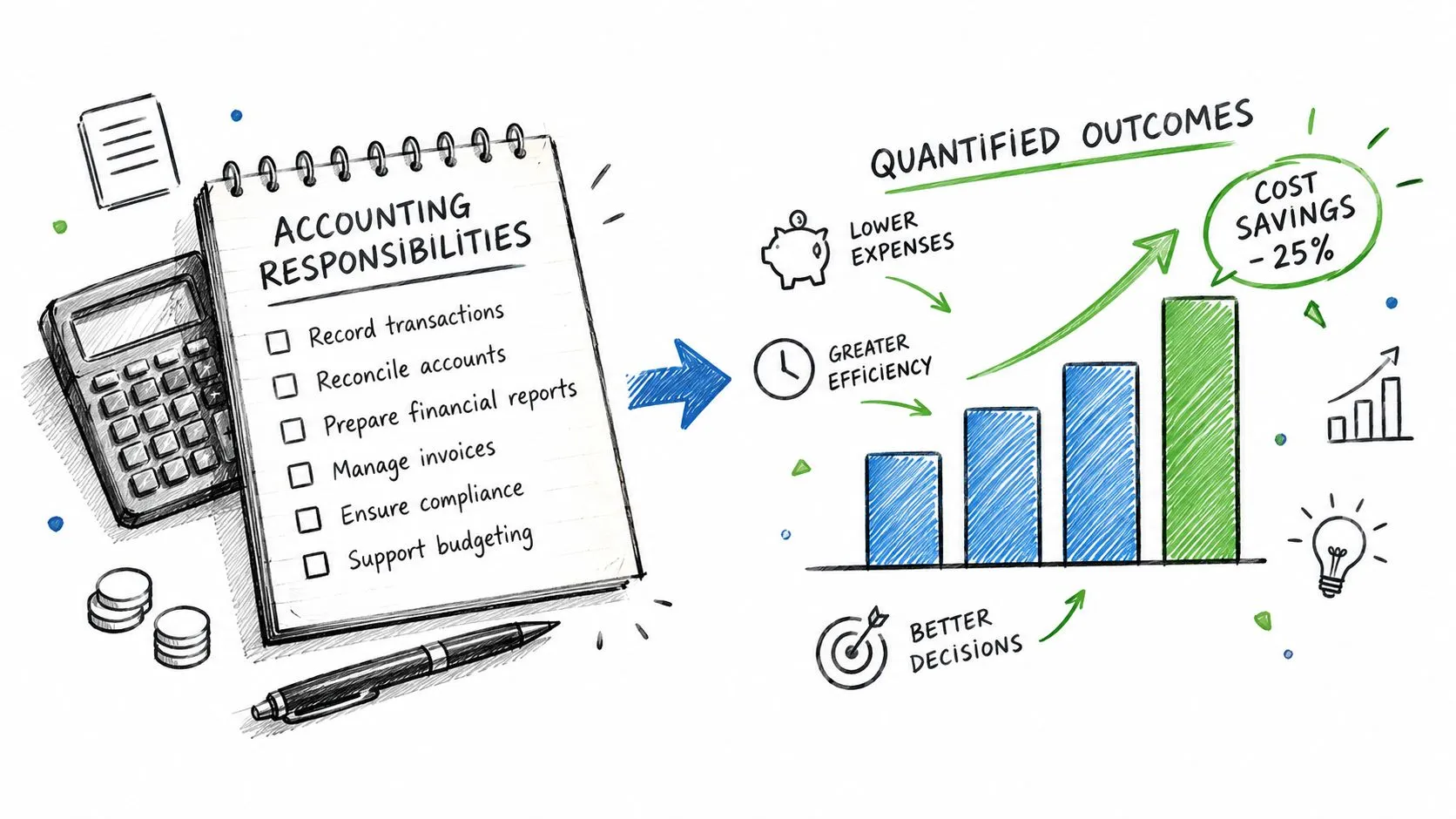 A hand-drawn illustration showing a notebook labeled accounting responsibilities leading to a chart showing cost savings.