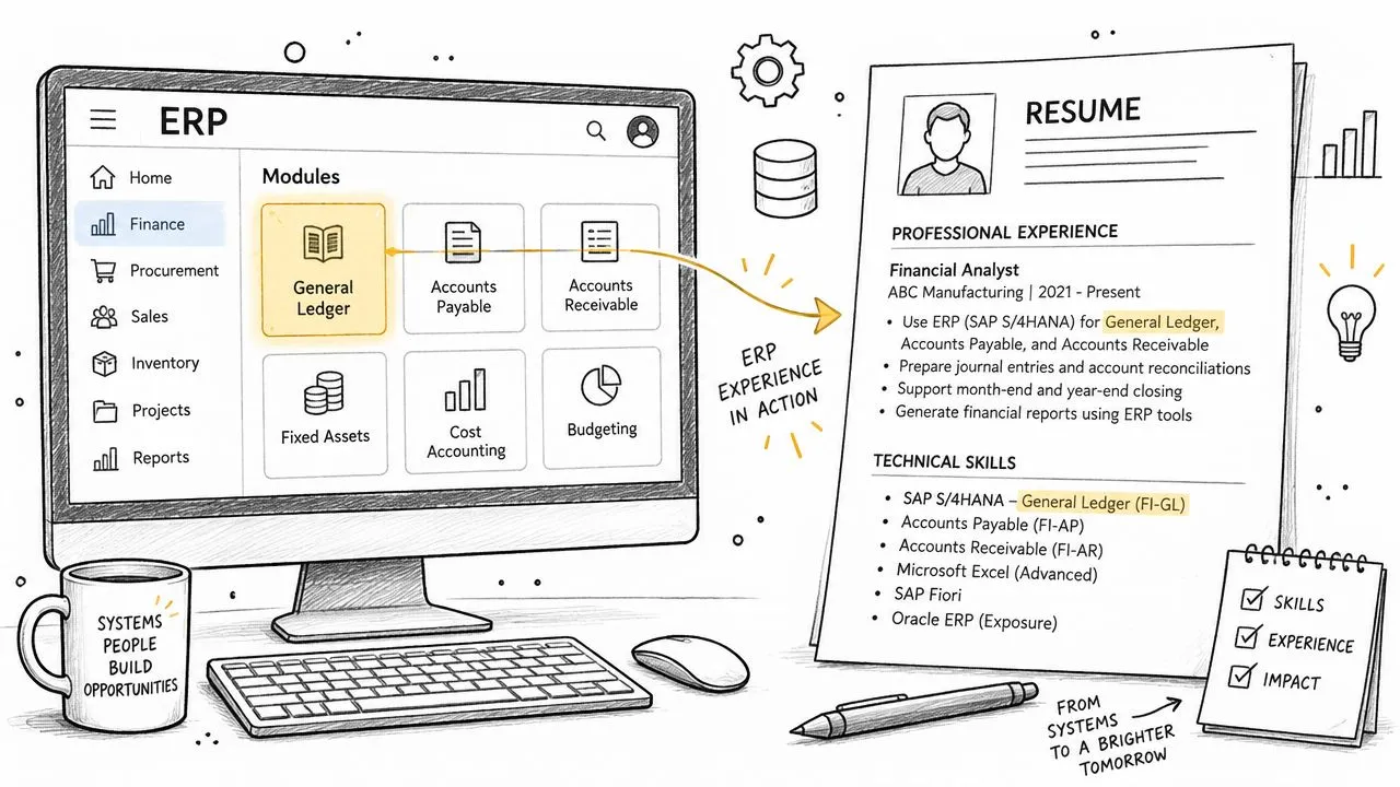 A hand-drawn illustration showing how ERP software skills are successfully documented on a professional resume.