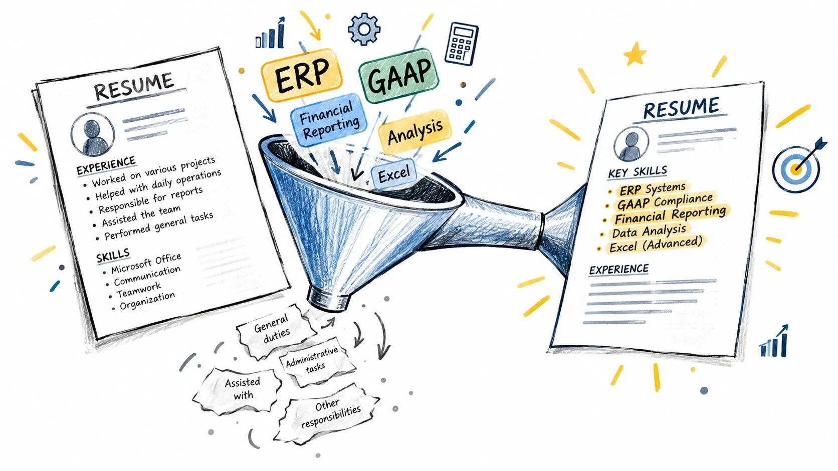 A conceptual illustration showing a resume being refined by a funnel to highlight key accounting skills.