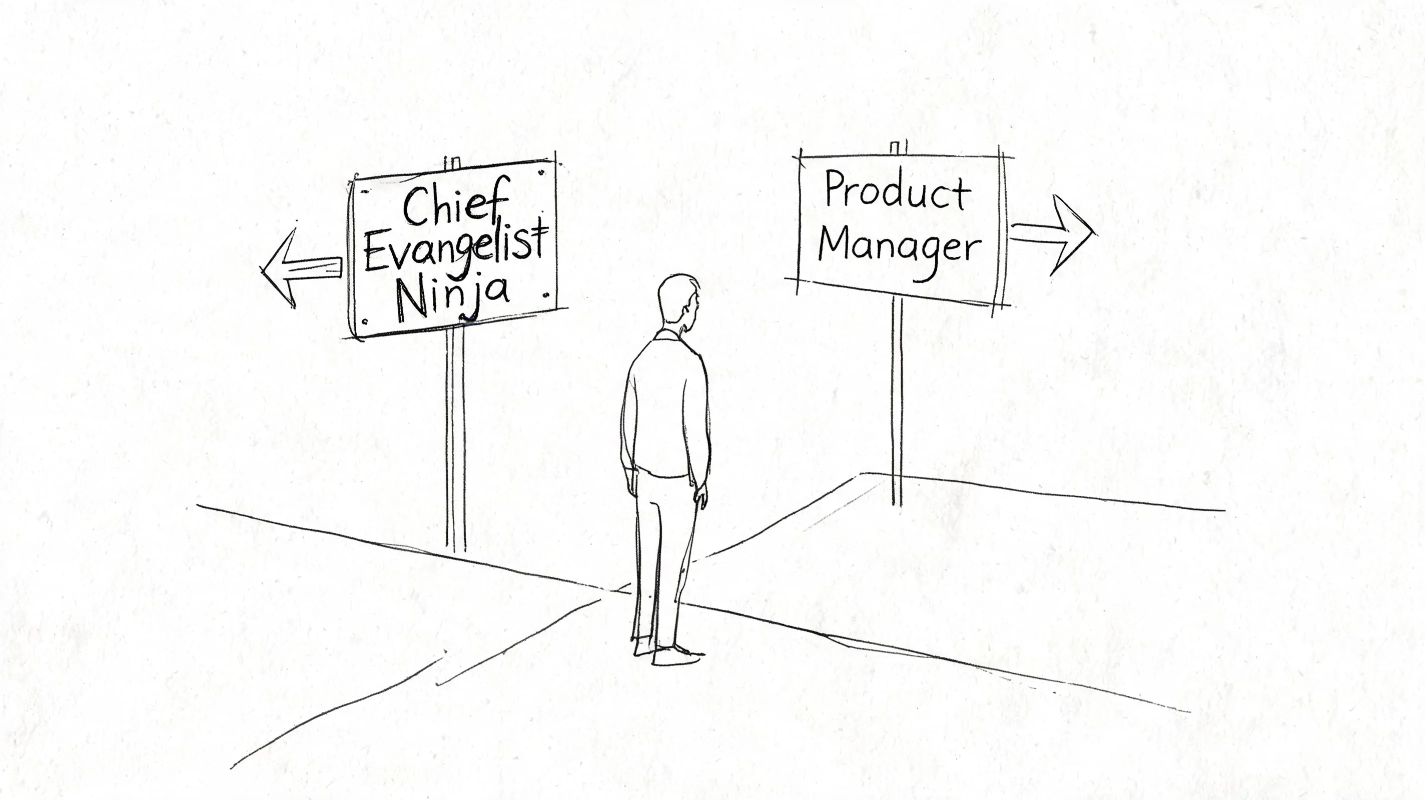 A person standing at a crossroads deciding between career paths as a Chief Evangelist Ninja or Product Manager.