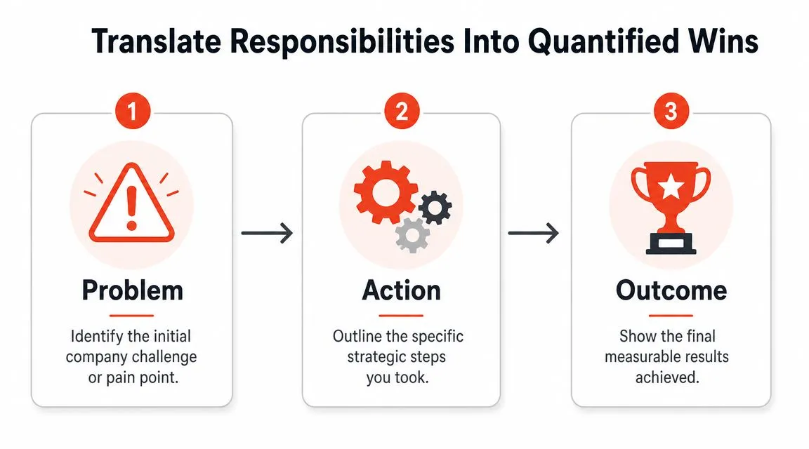 A three-step infographic showing how to transform work responsibilities into quantified accomplishments for professional resumes.