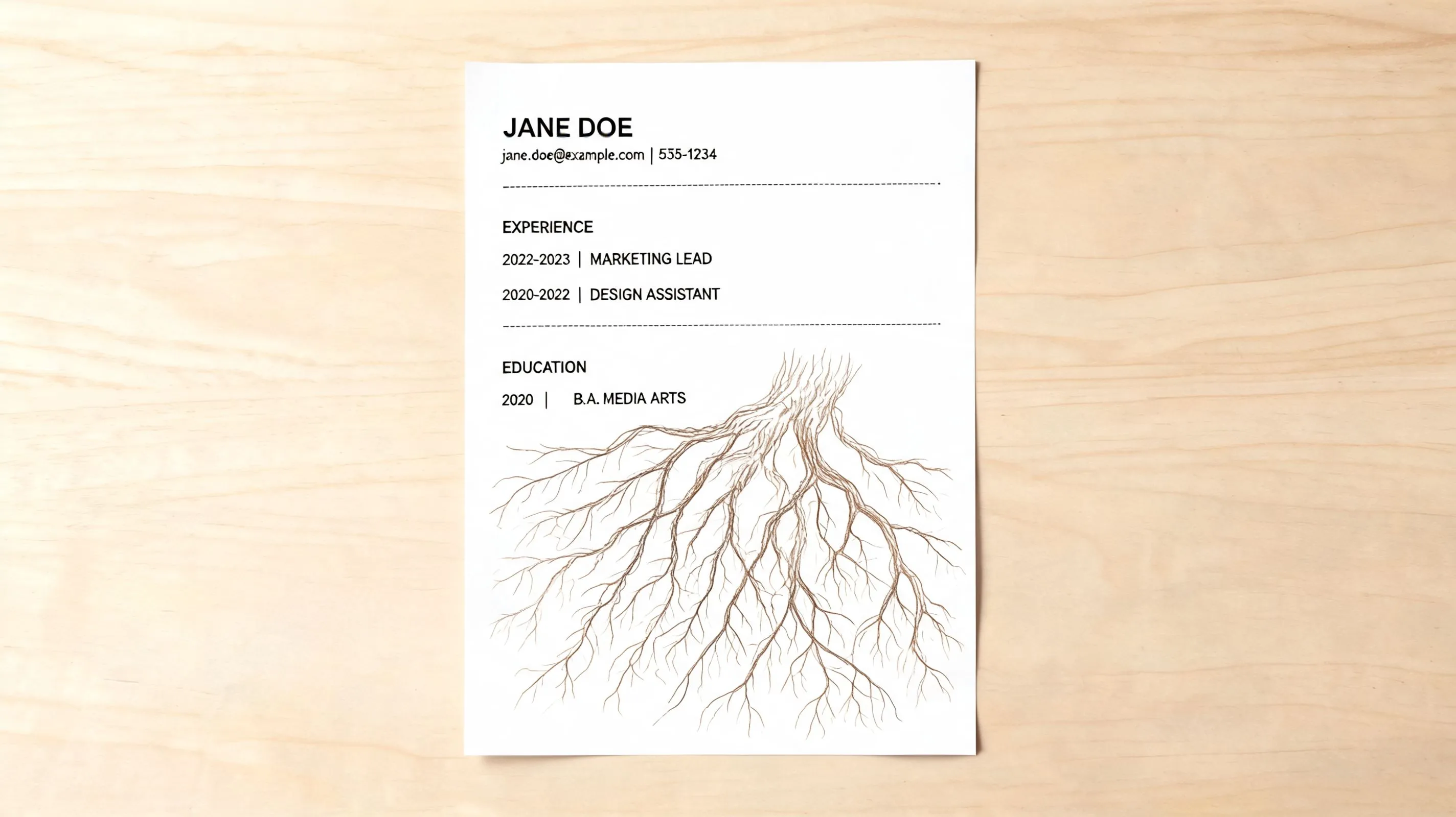 A resume for Jane Doe displayed on a light wooden background featuring a roots illustration.