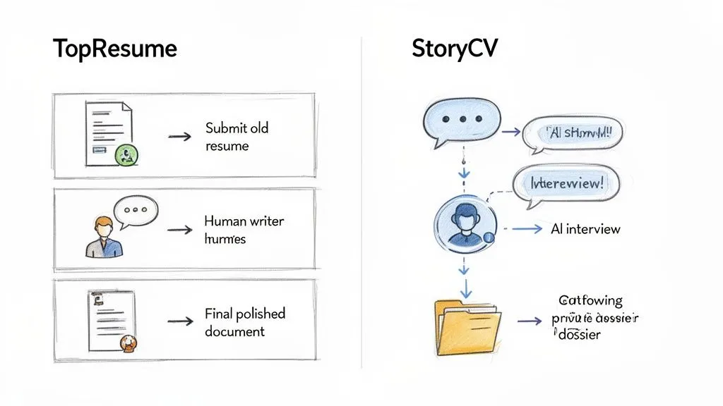 Flowcharts showing TopResume's human-powered resume service and StoryCV's AI interview and dossier creation.