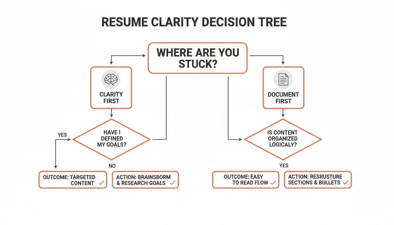 A resume clarity decision tree flowchart guiding users through defining goals and organizing content.