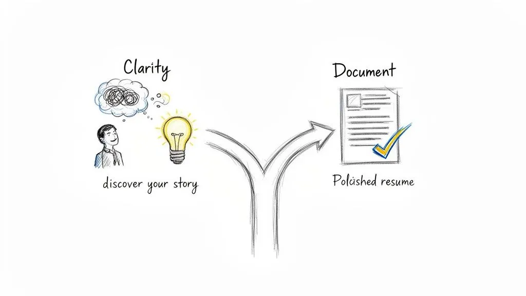 A graphic illustrating the journey from self-discovery and clarity to a polished resume document.
