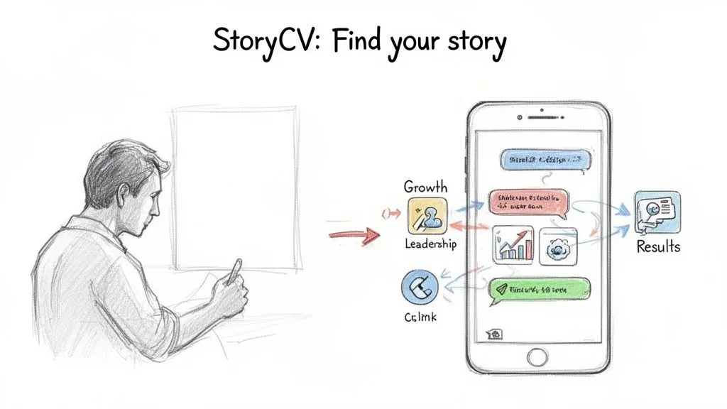Diagram showing a user creating their StoryCV on a phone, categorizing experiences into growth, leadership, and CoLink, leading to job results.