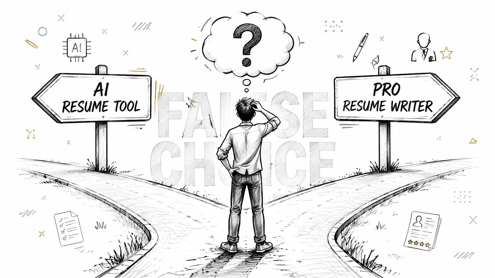 A person standing at a fork in the road contemplating between using an AI tool or professional writer.