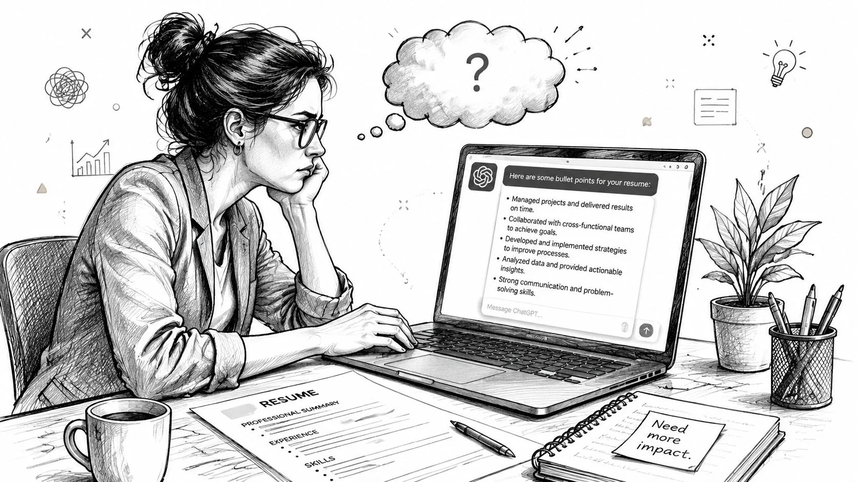 A woman sketching at a desk with a laptop displaying resume bullet points and a notepad nearby.