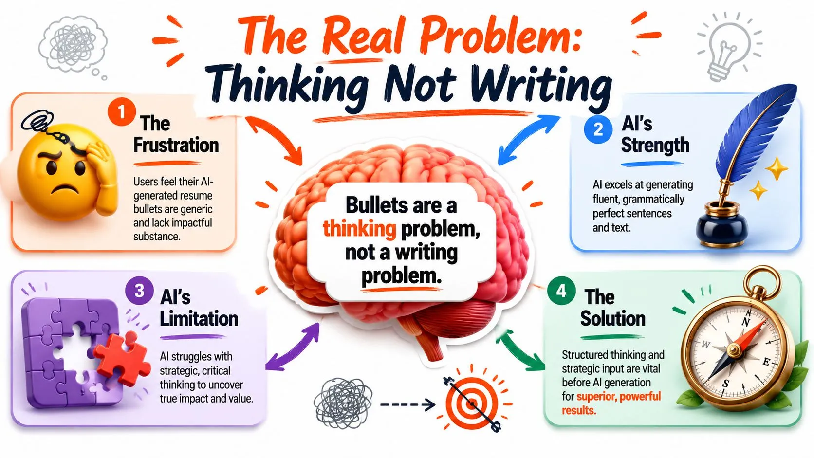 A diagram explaining that resume writing with AI is a thinking problem, not a writing problem.