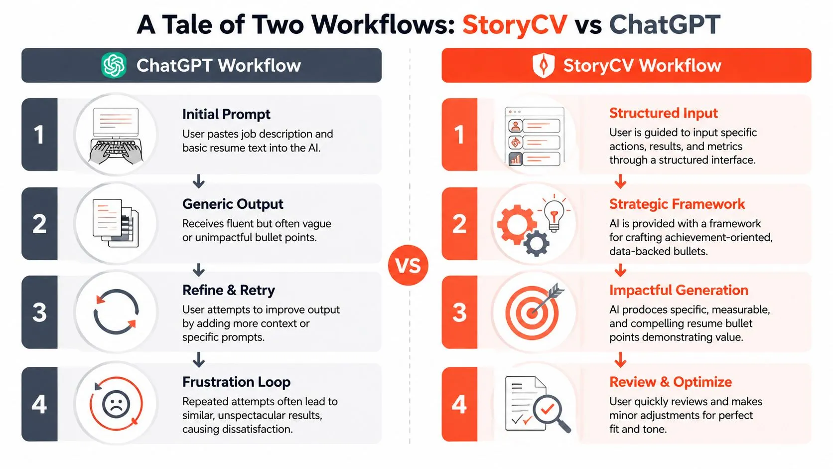 A comparison chart showing the resume writing workflows of ChatGPT versus the structured StoryCV platform.