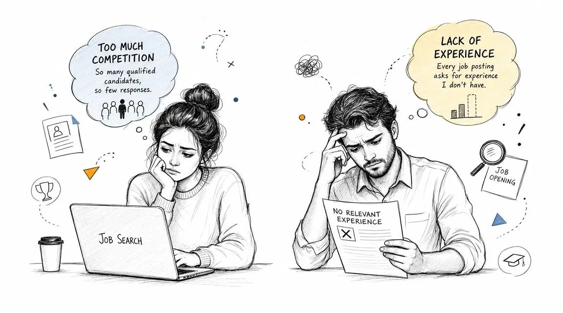 Two stressed job seekers struggling with intense competition and lack of professional experience during their career search.