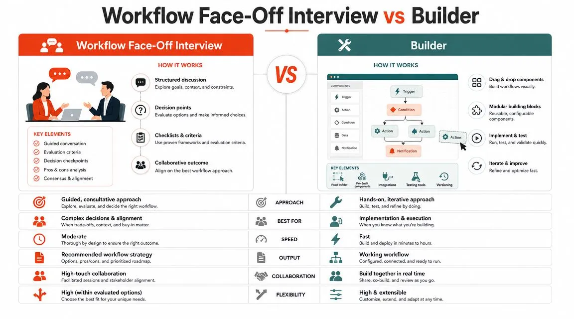 A comparison chart showing the differences between the workflow face-off interview approach and the builder tool method.