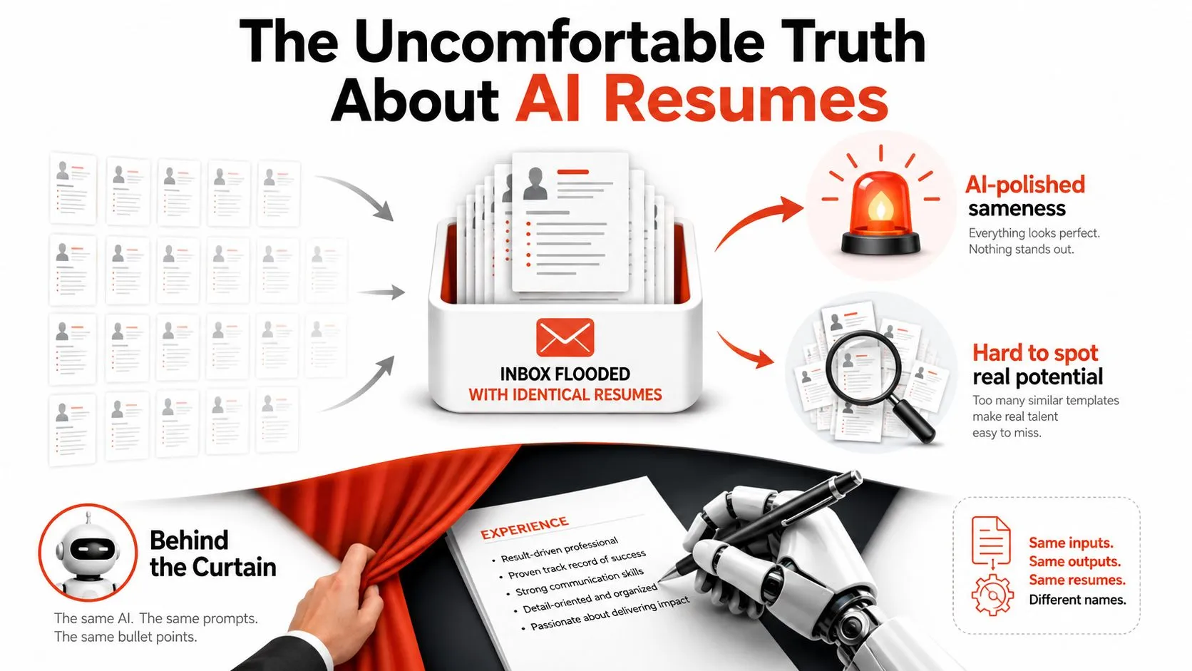 An infographic illustrating the negative impact of using AI to generate identical and generic job resumes.