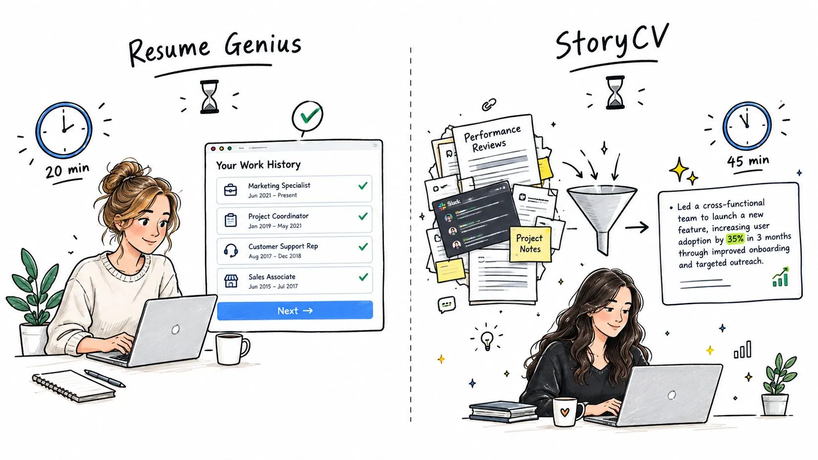 A comparison infographic between Resume Genius's quick form-based input and StoryCV's detailed, data-driven storytelling approach.