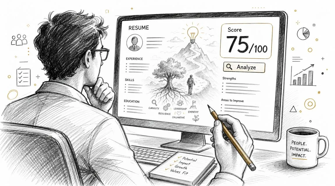 A professional analyzing a resume score on a computer screen to evaluate career potential and growth.