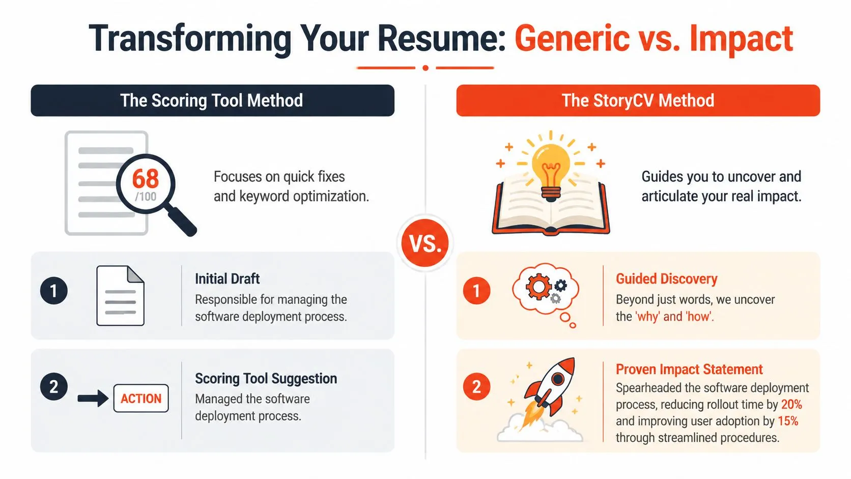 A comparison graphic between the Scoring Tool method and the StoryCV method for resume optimization.