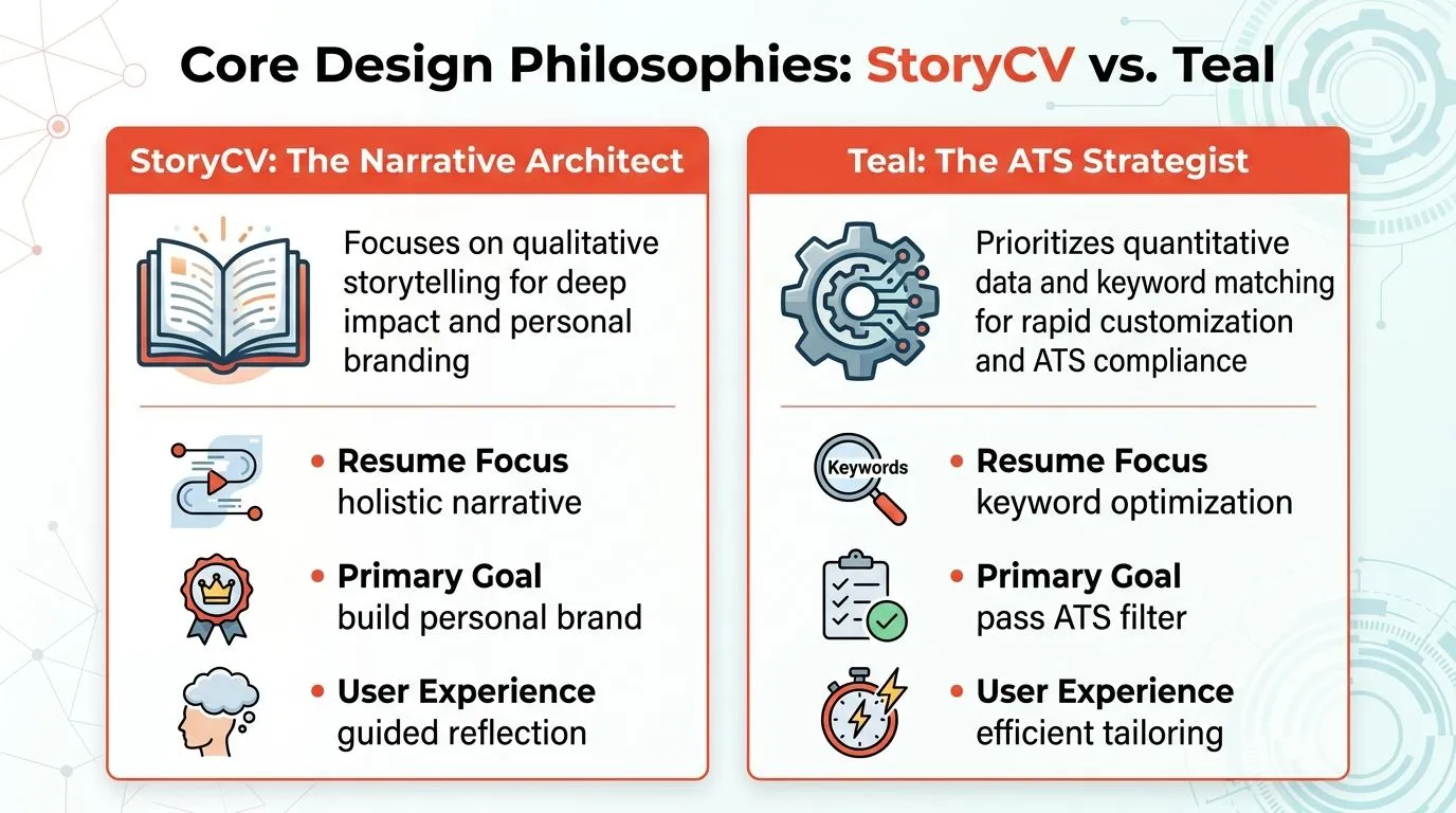 A comparison chart outlining the core design philosophies of StoryCV as a narrative architect and Teal as an ATS strategist.