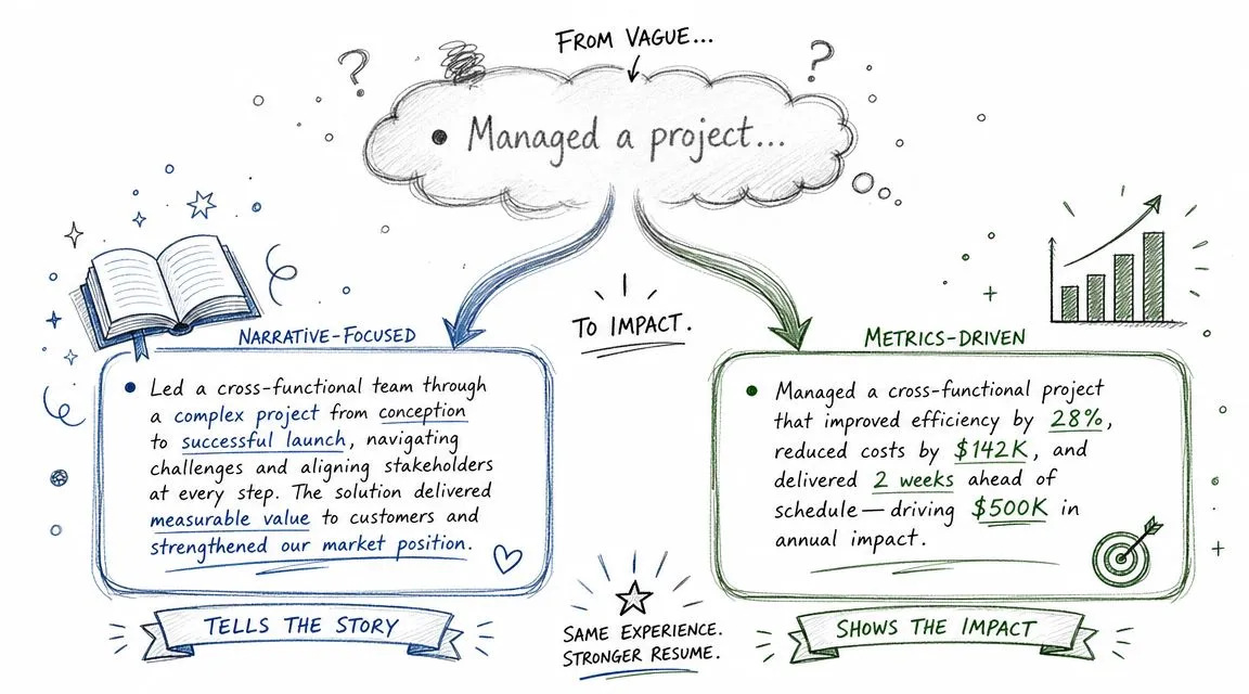 A diagram comparing a vague resume bullet point with narrative-focused and metrics-driven alternatives for professional impact.