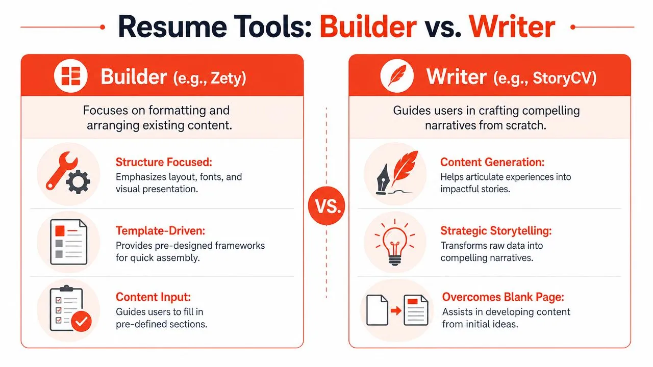 A comparison infographic between resume builder tools like Zety and resume writer services like StoryCV.
