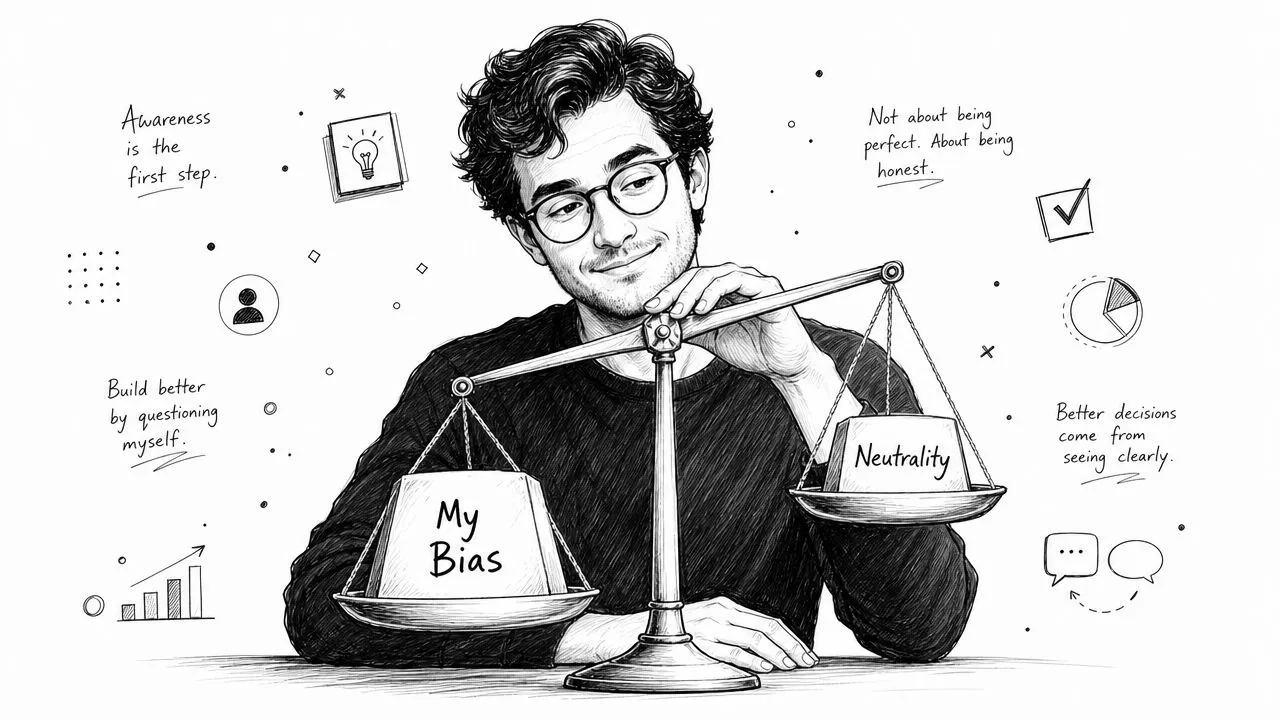 A hand-drawn illustration of a man balancing blocks labeled My Bias and Neutrality on a scale.