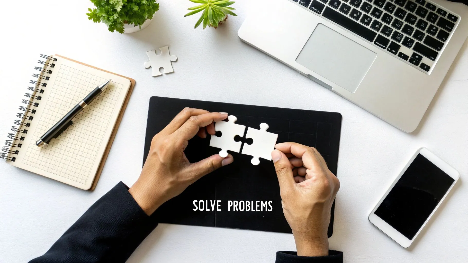 Person's hands assembling two puzzle pieces on a black mat with 'SOLVE PROBLEMS' text, flat lay.