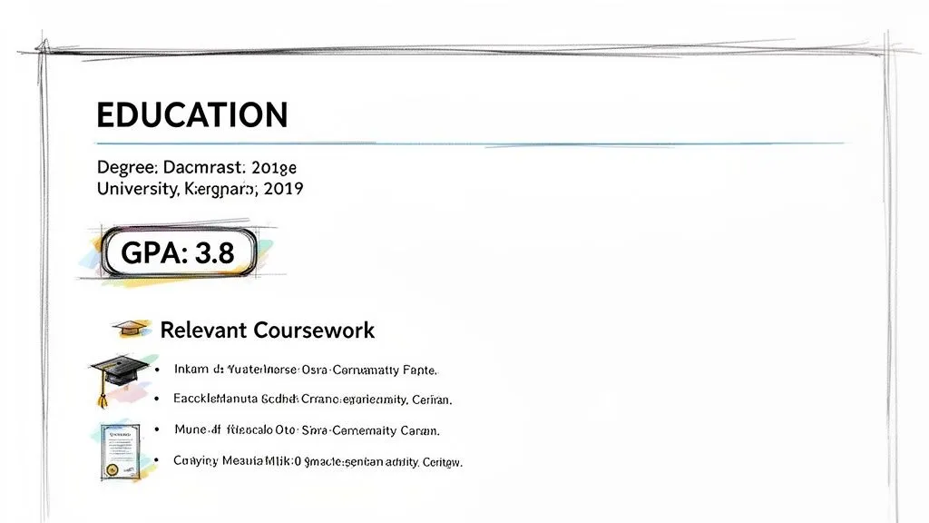 A resume section displaying education details, including a degree, university, GPA 3.8, and relevant coursework.