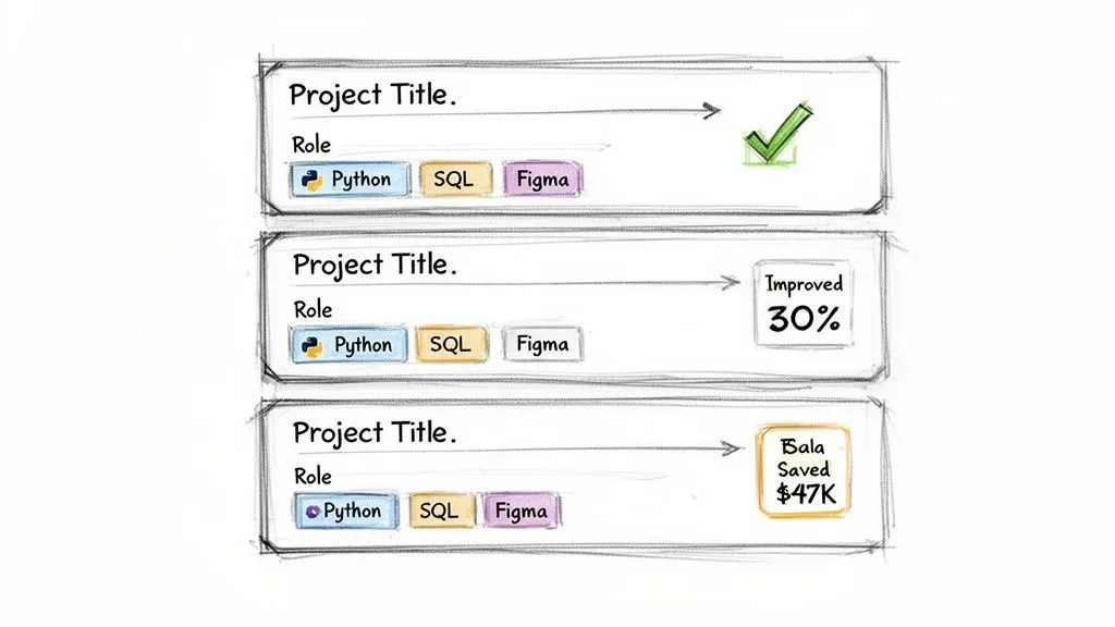 Three resume project examples showcasing skills like Python, SQL, Figma, and quantifiable results.
