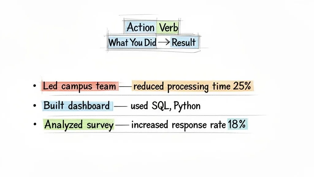 Diagram showing how to write resume bullet points using action verbs, actions, and quantifiable results.