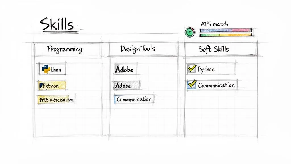 A handwritten skills section of a resume, detailing programming, design tools, and soft skills, with an ATS match.