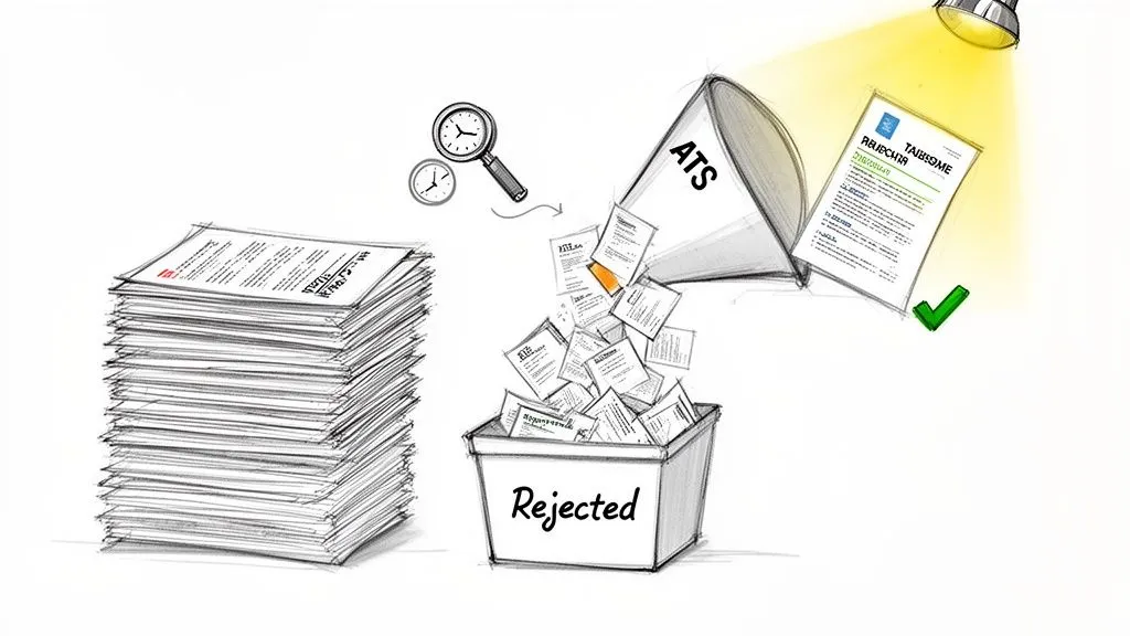 ATS funnel filters job applications, rejecting many but approving a perfectly tailored resume.