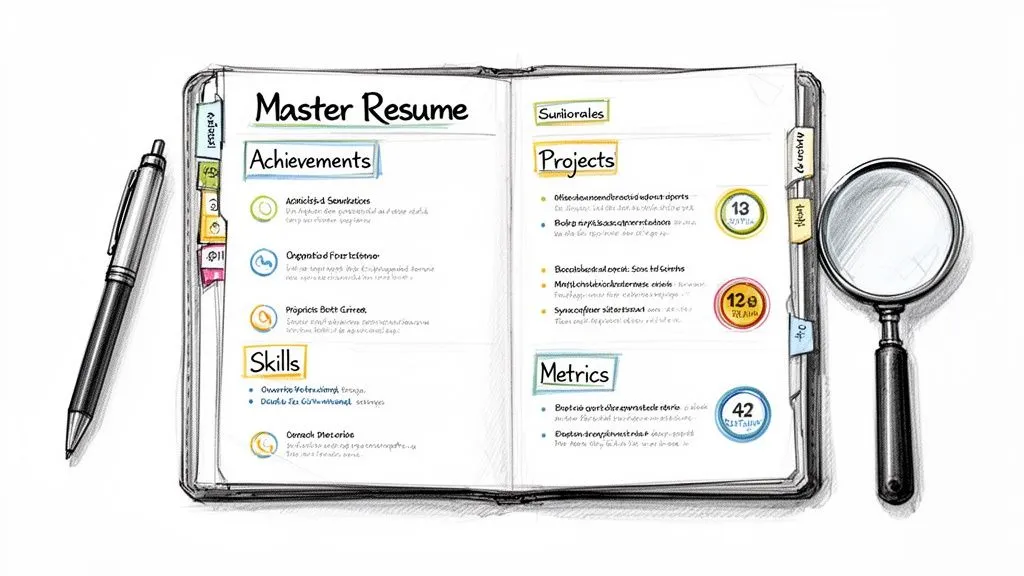 A detailed sketch of a master resume in an open notebook, with a pen and magnifying glass.