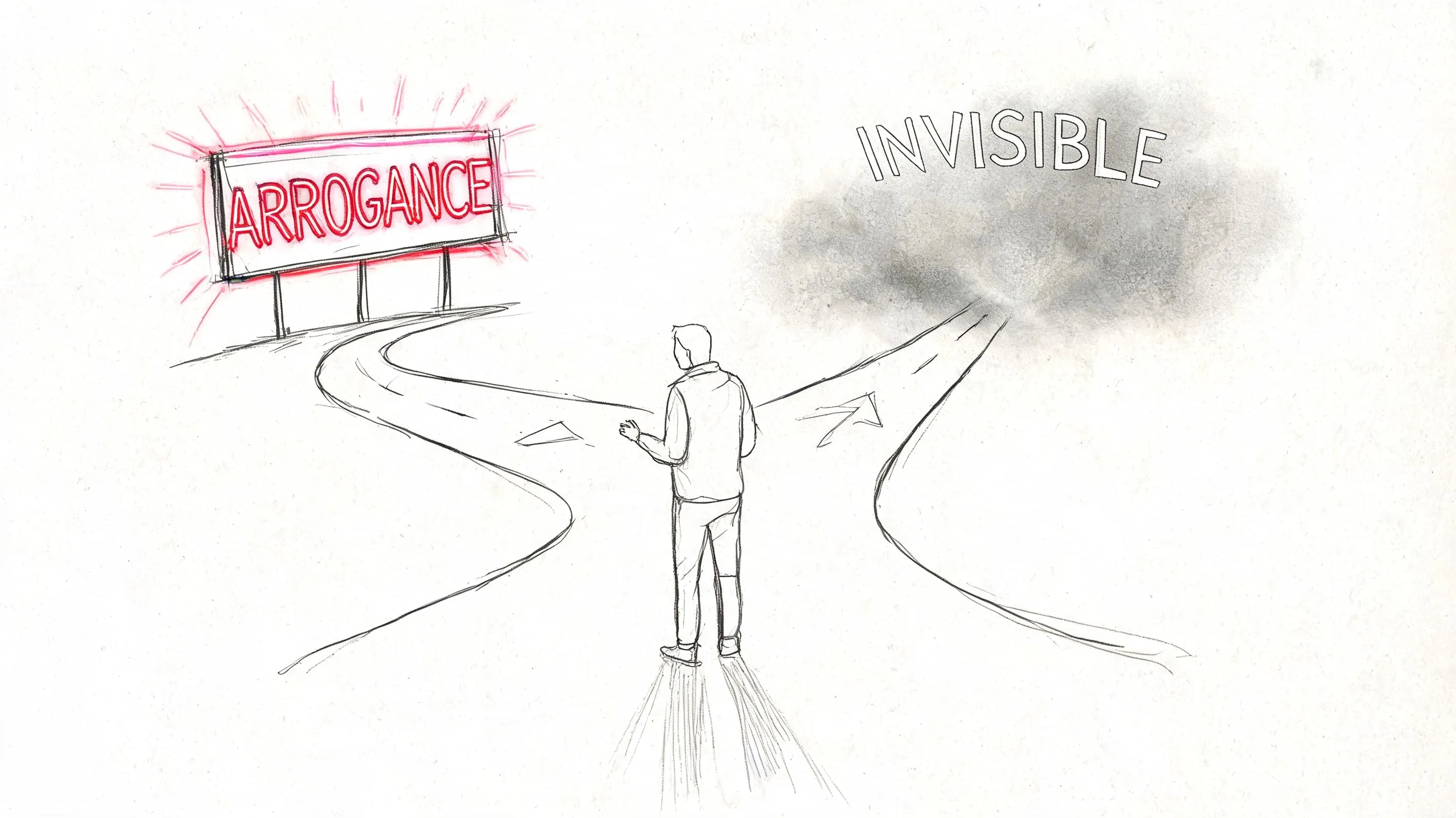 A person standing at a fork in the road choosing between arrogance and invisibility in life.
