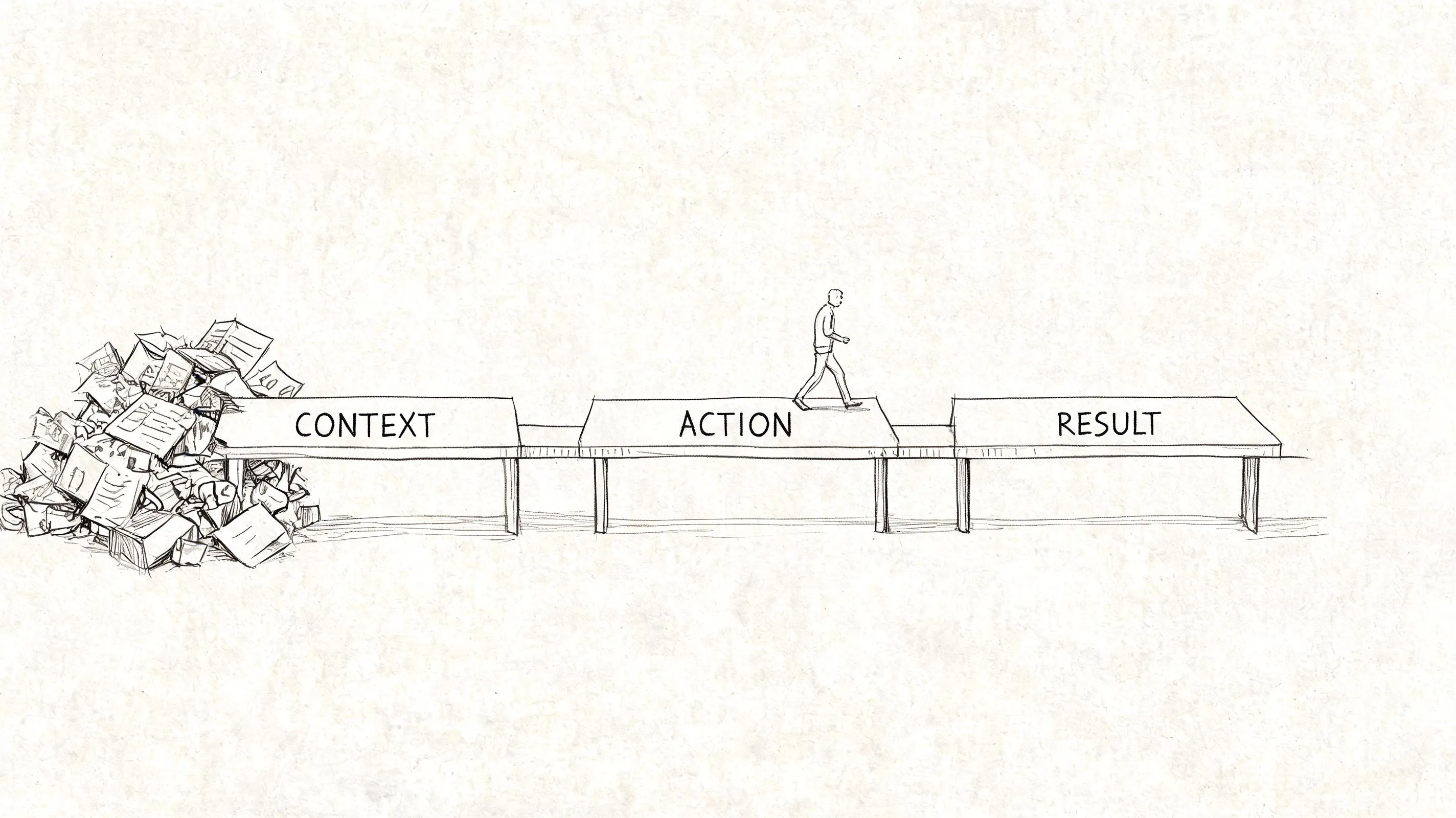 A hand-drawn sketch showing a person walking on a bridge labeled context, action, and result.