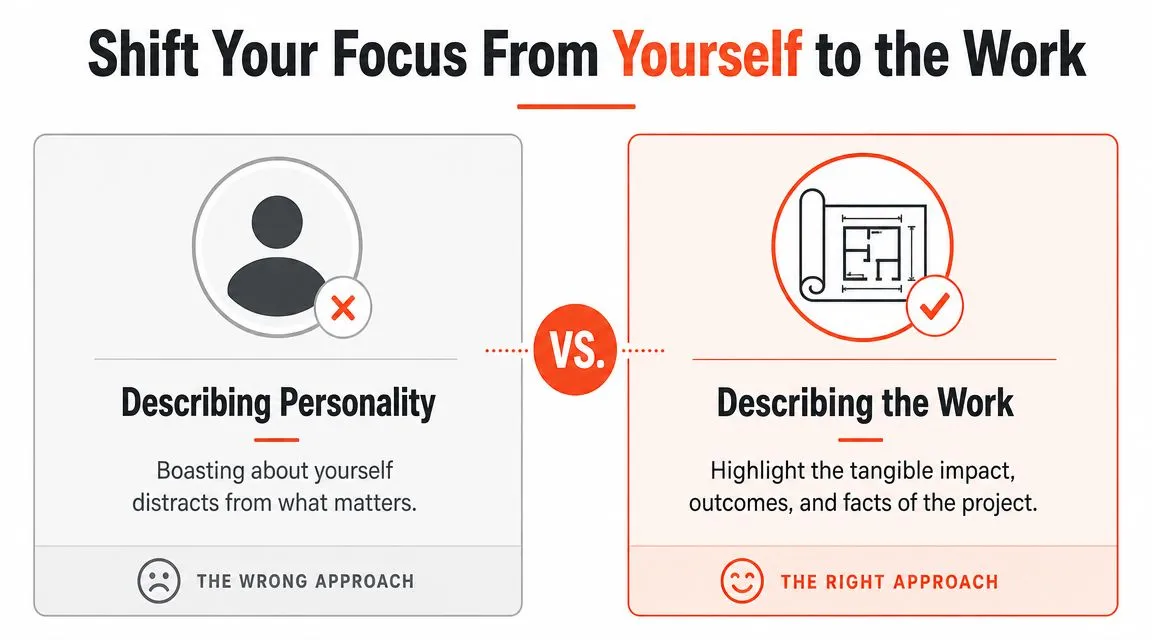 A comparison chart showing how to shift focus from personal bragging to highlighting project work results.