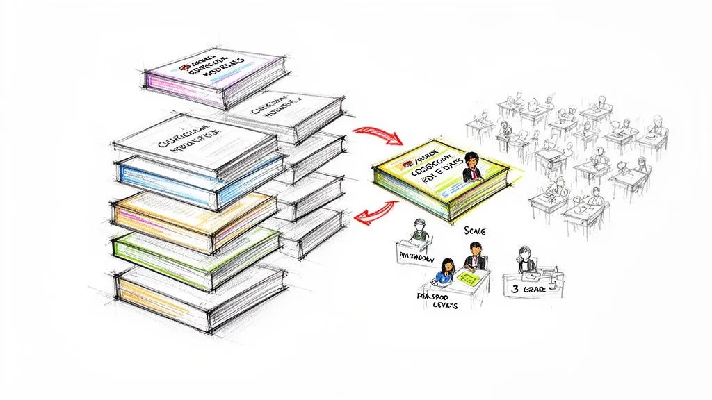 Diagram showing various curriculum modules consolidated into one book and then scaled for classroom implementation.