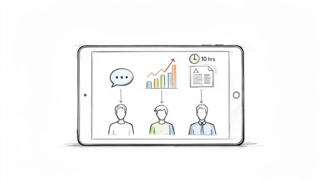 A sketch of a tablet illustrating data points (chat, graph, document) distributing tasks to three user profiles.